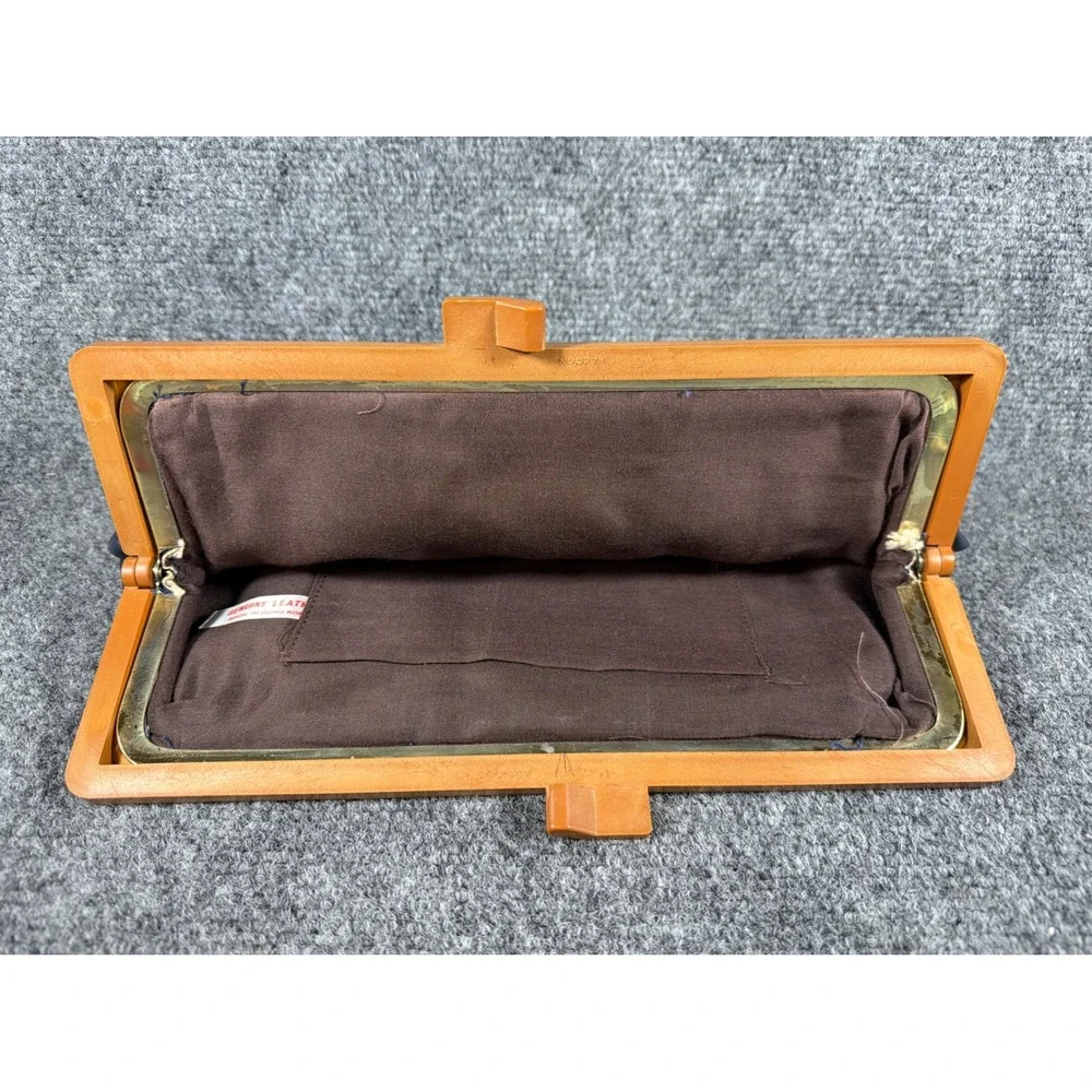 Vintage Navy Blue Genuine Leather Kiss Lock Clutch Wood Look Frame 12 Inch